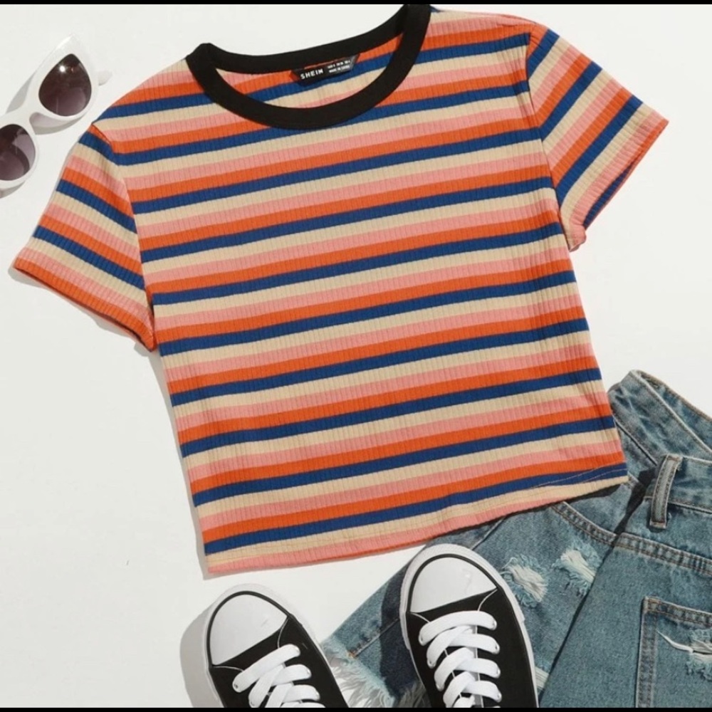 SHEIN Rib-Knit Colorful Stripped Top Size L